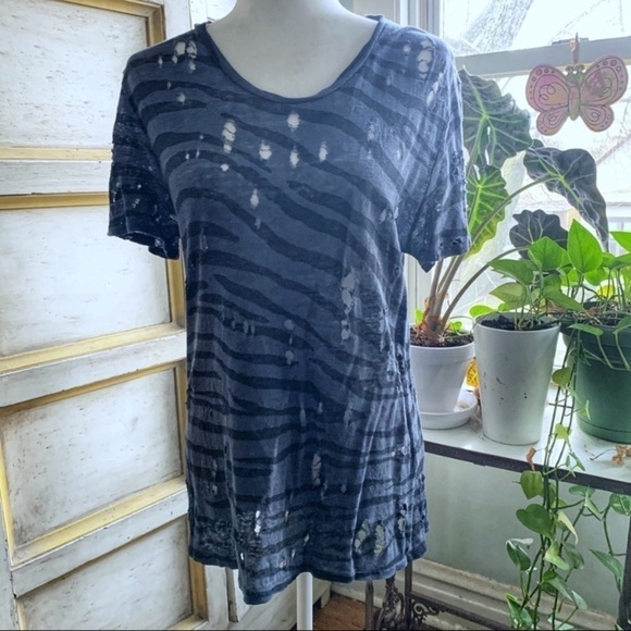 IRO Neena Distressed Linen Slate Gray Zebra Stripe T-Shirt - Picture 1 of 6
